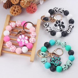Phamines Silicone Bead Leopard Keychain Wristlet,Dog Claw Pendant Bracelet Keyring for Women,Car Key Holder Bag Accessories (Black)