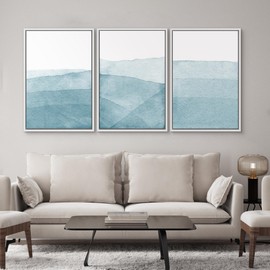 SIGNWIN 3 Piece Framed Canvas Wall Art Blue Wash Brushstroke Watercolor Nature Wilderness Illustrations Abstract Traditional Home Artwork Decoration for Living Room,Bedroom - 24"x36"x3 White