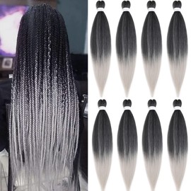 Pre stretched Braiding Hair 30 Inch 8 Packs Professional Hair Extensions Synthetic Braid Hair Crochet Braids Soft Yaki Texture Hot Water Setting(30",mixed black & sliver)