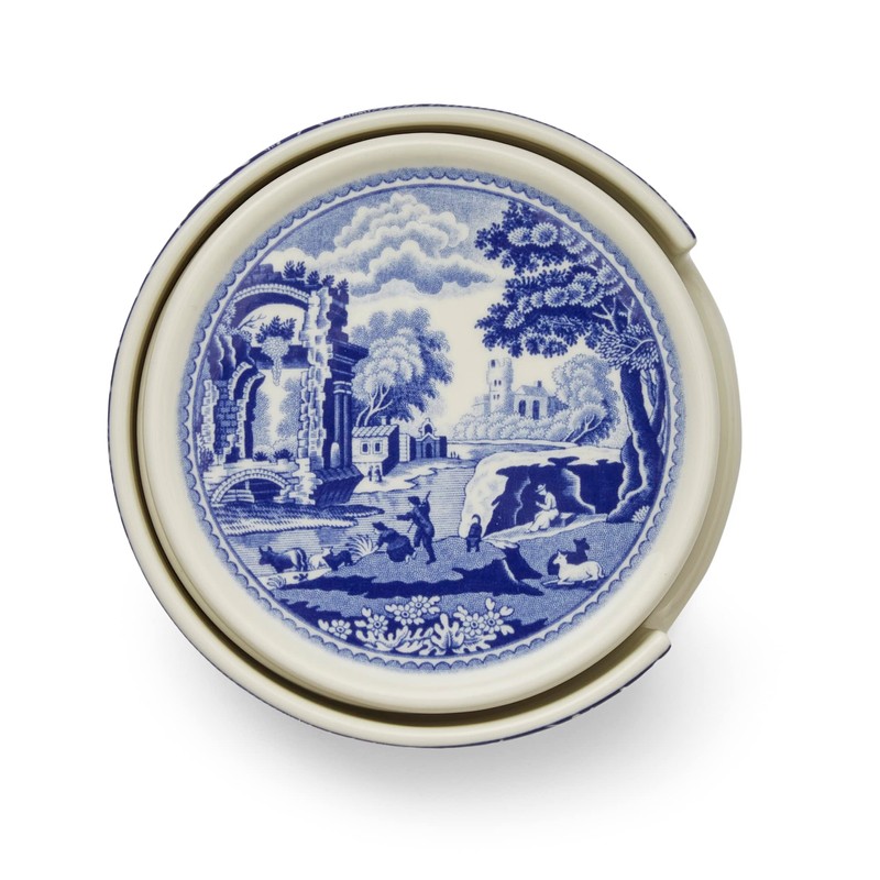 Spode Blue Italian Ceramic Coasters with Holder - Set of