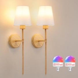 Shenmoyl Battery Operated Wall Sconces Set of 2, Beech Color Wall Lamp 5000 mAh Rechargeable Bulb with 12 RGB Colors Dimmable Wall Sconce for Living Room Bedroom
