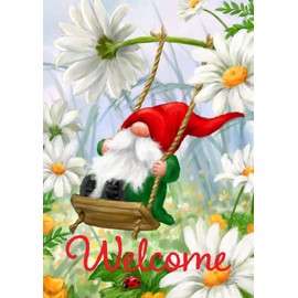 Toland Home Garden 1112626 Welcome Swing Gnome Spring Flag 12 x 18 Inch Double Sided Spring Garden Flag for Outdoor House Daisy Flag Yard Decoration