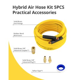 FETIONS Hybrid Air Hose 3/8" x 25 FT, Air Compressor Hose with 1/4'' Brass Male Fittings and Bend Restrictor, Air Hose with Quick Coupler and I/M Plug, 300PSI