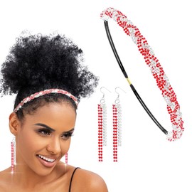 Flayem Rhinestone Elastic Head Chain Shiny Headband Women's Vintage Headband Hair Band with Earrings Elegant Head Chain for Women (Red Silver, 45.5 cm)