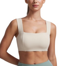 CRZ YOGA Butterluxe Womens Square Neck Sports Bras - Supportive Wide Straps Open Back Padded Camisole Yoga Crop Top Mojave Tan XX-Small