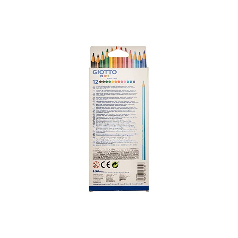 GIOTTO Elios Wood Free Colouring Pencils, 12 Assorted Colours, Ideal