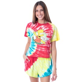The Simpsons Womens' Bart Simpson Feast Your Eyes Tie-Dye Shirt and Shorts Loungewear Pajama Sleep Set (Medium)