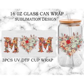 UV DTF Glass Cup Wrap Transfer -Retro Flower Mom Heart UVDTF can Glass,mom Sublimation Design Flower Waterproof Decal for 16oz Glass Cups, Gifts for Women - 3PCS