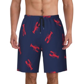 Mens Swim Trunks with Mesh Lining,Red Lobsters Navy Blue Background Quick Dry Beach Board Shorts Swimsuit Pants Swimwear Bathing Suits L
