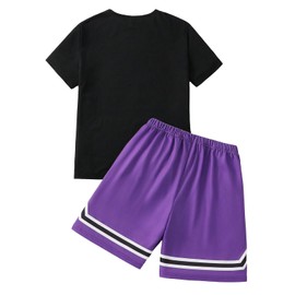 xueteox Summer Clothes for Boys 2 Pcs, Letter Print Tops and Shorts Sports Casual Outfit Set for Kids (Purple, 10Y)