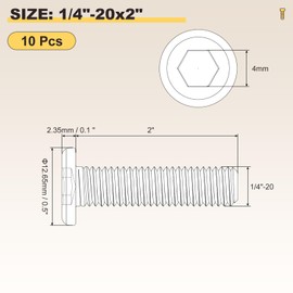 METALLIXITY Flat Head Hex Socket Cap Screws Bolts(1/4"-20x2") 10Pcs, 304 Stainless Steel Hex Socket Furniture Bolts Countersunk Screws - for Furniture Woodworking Project, Silver Tone