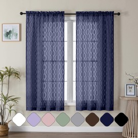 Aiyufeng Blue Sheer Curtains 63 Inch Length 2 Panels Set, Airy Light Filtering Solid Clip Jacquard Farmhouse Curtians for Bedroom Living Room, Modern Wavy Line Panel Curtains, 40" WX63 L Inches