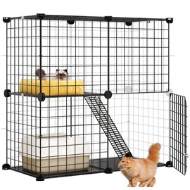 YITAHOME 2 Tier Large Indoor Cat Cage Crate, DIY Pet Playpen with Detachable Metal Wire, Kitten Kennel Condo with Ladder for Small Animals - Puppy Rabbit Bunny Squirrel, Black