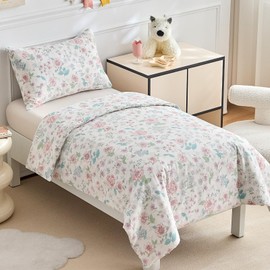 DuShow Cotton Cot Bed Duvet Cover Set,Pink Floral Toddler Duvet And Pillowcase Set For Girls,Reversible Junior Toddler Bedding Set Pink-120 x 150 cm