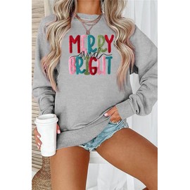 Merry Christmas Sweatshirts Women Merry And Bright Christmas Pullover Top Chenille Patch Letter Printed Xmas Gifts Top Light Grey