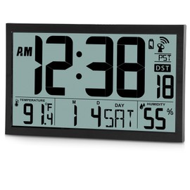 Amgico Digital Wall Clock,16.7" Large Display Atomic Clock, Battery Operated,Digital Calendar Auto Setting with Indoor Temperature, Humidity,Date,Day,Auto DST Desk Clock for Elderly Bedroom Classroom