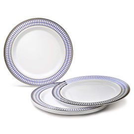 " OCCASIONS " 50 Plates Pack (25 Guests)-Heavyweight Wedding Party Disposable Plastic Plate Set -25 x 10.5'' Dinner + 25 x 7.5'' Salad/Dessert plates (Odyssey White/ Blue & Gold)