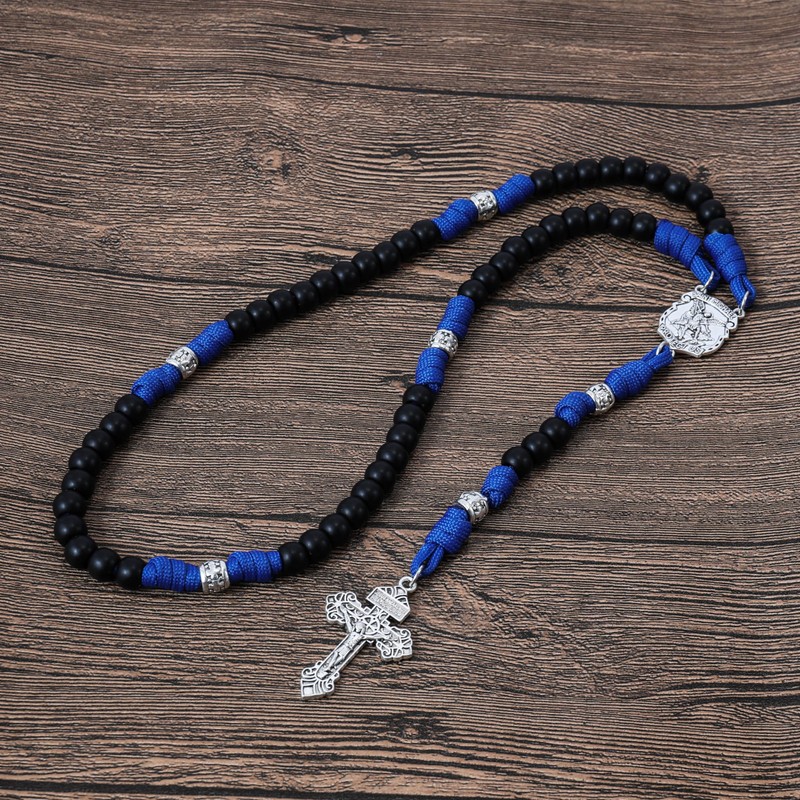 Nazareth Store Black Beads Blue Paracord Rosary Rugged Beaded Necklace
