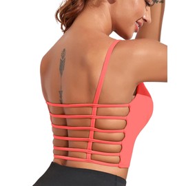 Pfreesea - Sujetadores deportivos de tirantes para mujer, parte superior de entrenamiento con espalda abierta, parte superior larga sin mangas con brasier integrado, brasier de yoga, Rosa (Coral Pink