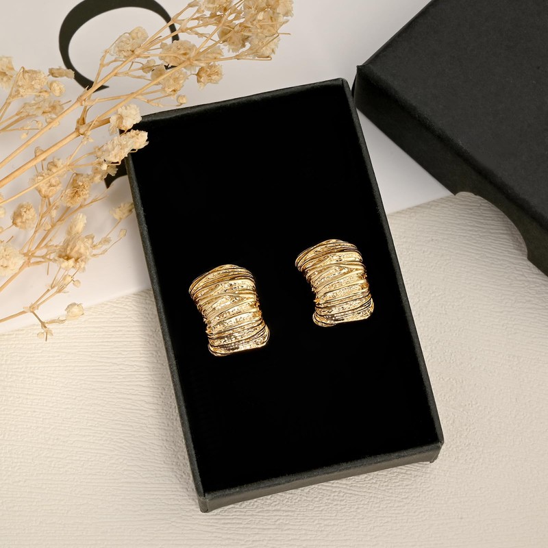 Textured C-Shaped Stud Earrings for Women, Gold-Plated, Hypoallergenic