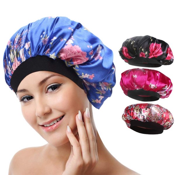 4 Pack Soft Satin Sleeping Cap Wide Band Salon Bonnet Silk Night Sleep Hat Hair Loss Cap for Women, 4 Styles
