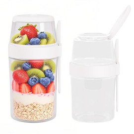 TOTOLA 2 Pack Reusable Leak-Proof Overnight Oats Container with Dual-Layer Compartment, Built-in Dipping Box, with Spoon & Airtight Lids, Meal Prep Jar for Yogurt Parfait, Chia Pudding - Colour: White