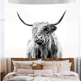 Ulticool - Tapestry Decoration Home - Scottish Highlander Black White - 200 x 150 cm - Wall Towel Wall Hangings - Accessories Animals for Bedroom Living Room