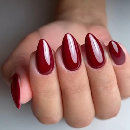 GLAMERMAID Dark Red Press On Nails Short Almond, Blood Scarlett Red Handmade Soft Jelly Gel Fake Nails Burgundy, Deep Red Round Oval Stick Glue on Nails Kit for Women, Reusable Acrylic False Nail Set