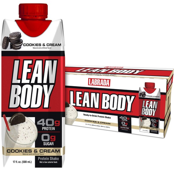Lean Body Ready-to-Drink Cookies and Cream Protein Shake, 40g Protein, Whey Blend , 0 Sugar, Gluten No, 22 Vitamins & Minerals, (Recyclable Carton & Lid - Pack of 12) LABRADA , 17 Fl Oz (Pack of 12)