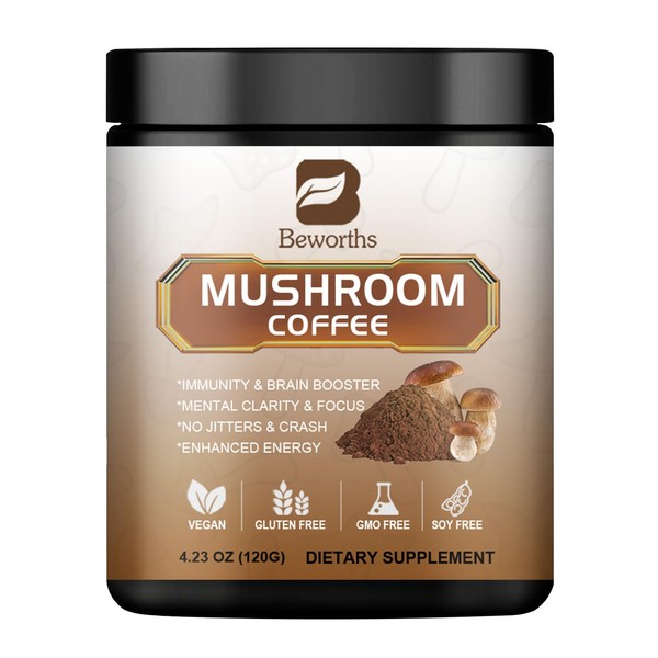 Mushroom Coffee - Lions Mane Mushroom Powder Instant Coffee with Lion's Mane, Reishi, Chaga, Cordyceps, and Turkey Tail - Mushroom Coffee Alternative for Energy, Focus, Brain Booster