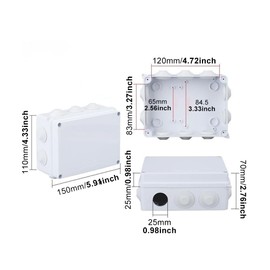 Surface-Mounted Junction Box, Outdoor Junction Box, Waterproof IP65, Electrical Box Waterproof IP65, ABS Junction Box, Waterproof, White, Outer Size 150 x 110 x 70 mm
