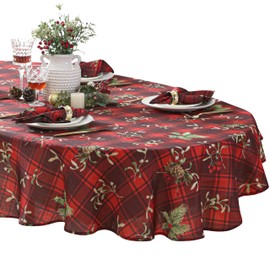 Newbridge Holiday Spruce Plaid Christmas Fabric Tablecloth, Holly, Evergreens, Acorn and Red Plaid Print Xmas Soil Resistant, No Iron Easy Care Tablecloth, 60 Inch x 84 Inch Oval