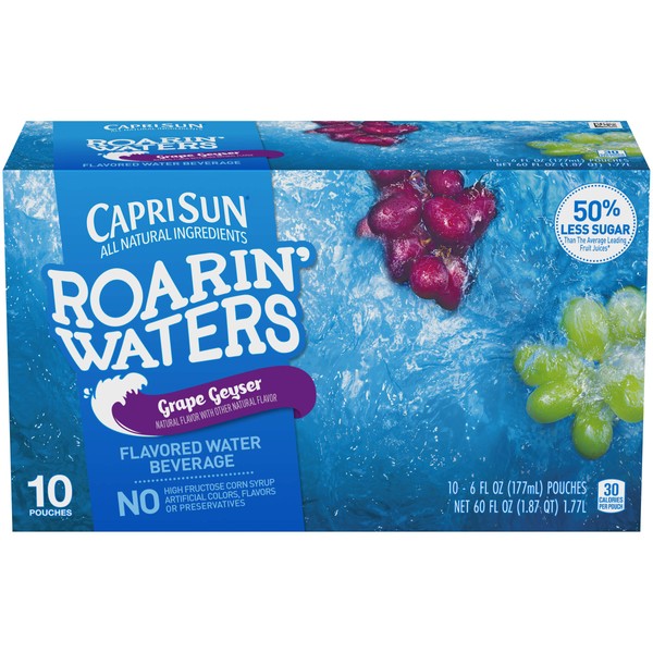 Capri Sun Roarin' Waters Grape Geyser Naturally Flavored Water Kids Juice Beverage (40 ct Pack, 4 Boxes of 10 Pouches)