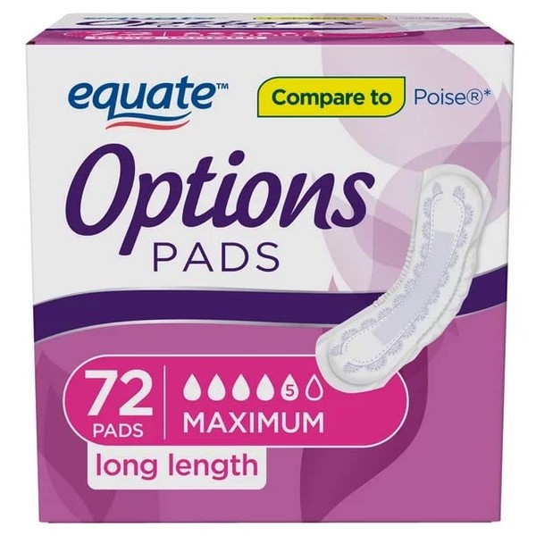 Equate Options Incontinence Pads, Maximum Absorbency, Long Length, 72 Ct (Pack of 3 | Total of 216 Ct)