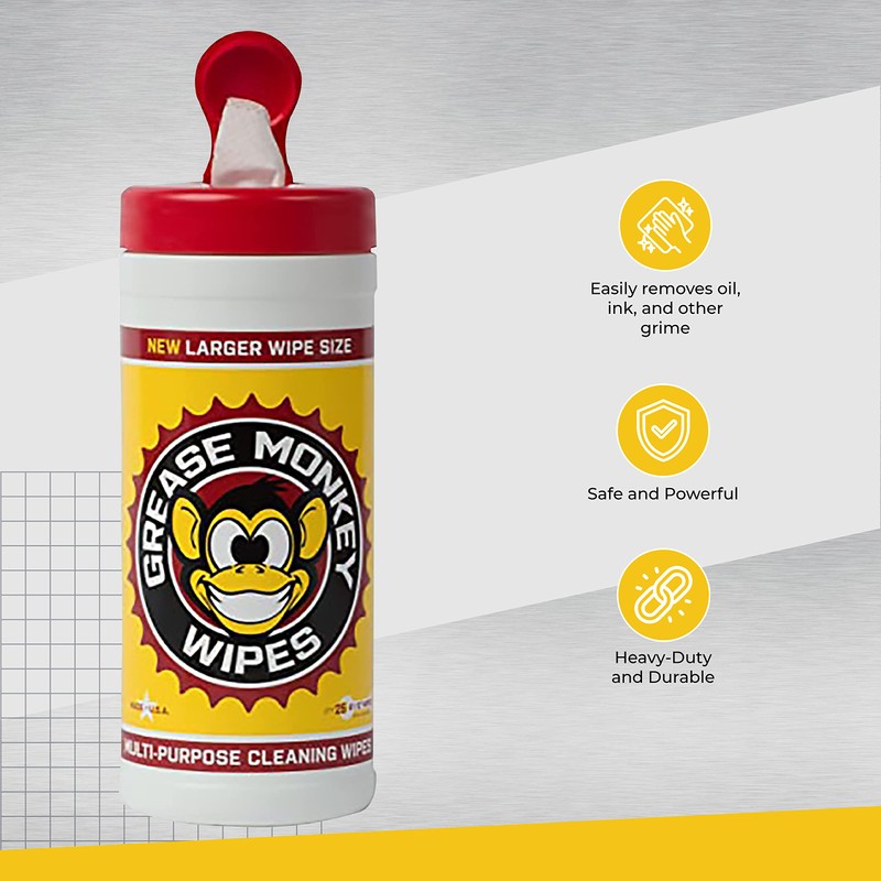 Grease Monkey Wipes Multi-Purpose, Heavy Duty Cleaning Wipes Canister, 25-Count,