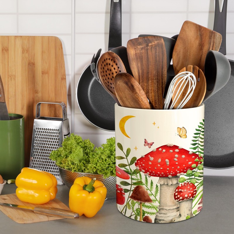Hexagram Mushroom Decor Utensil Holder, Mushroom Kitchen Decor Ceramic Utensil