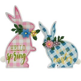 Easter Bunny Decorations 2 PCS Lattice Happy Easter Table Sign Wooden Hello Spring Tabletop Farmhouse Rustic Rabbit Table Decor for Home Tiered Tray