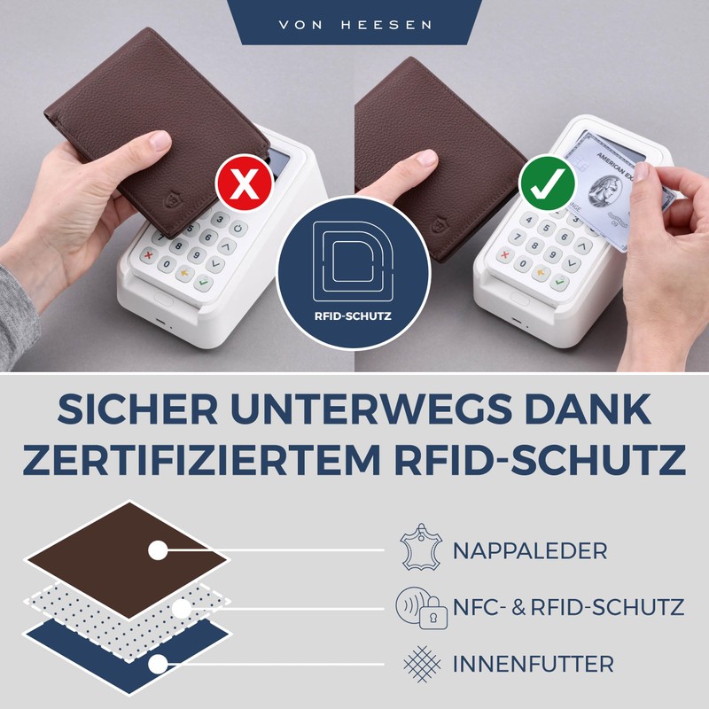 VON HEESEN Men's Leather Wallet with RFID Protection - Genuine