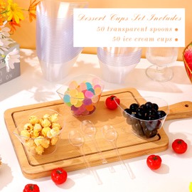 tchrules 50 Packs 7oz Dessert Cups with 50 Spoons, Clear Plastic Appetizer Cups for Parties, Yogurt Parfait Bowls for Fruit Chocolate Pudding and Ice Cream