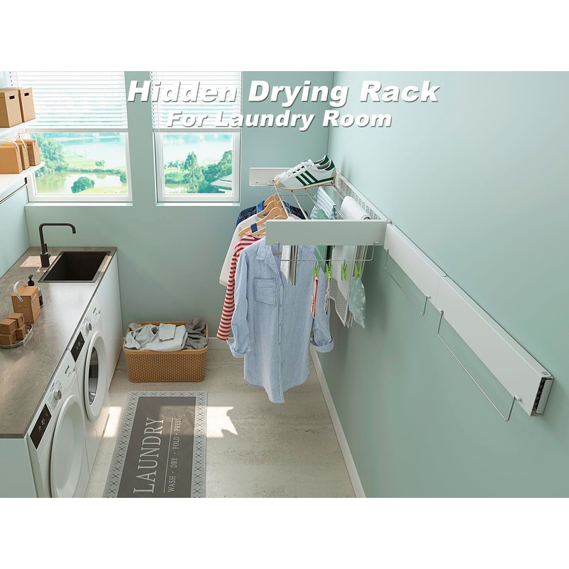 SKIKEN Wall Mounted Hidden Clothes Drying Rack - Pull-Out Laundry