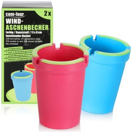 com-four® 2 x Outdoor Ashtrays – Wind Ashtray – Storm Ashtray with Luminous Lid – Car Ashtray, Diameter 8 cm (Pack of 2, Red Blue)