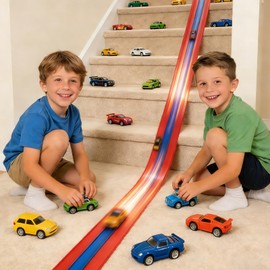 16.4ft Race Car Track, 3-Lane Flexible Race Track for Kids Compatible with Diecast 1/64 Scale Cars with 6 Metal Toy Racing Cars, Portable Rolls Up Race Tracks with Strong Suction Cups (Red)