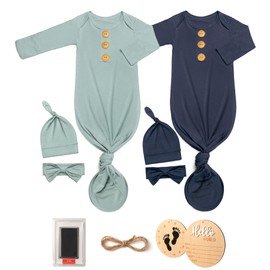2Pk Newborn Baby Knotted Gowns, Soft Coming Home Outfit with Wooden Announcement Sign Ink Pad for Baby Hand Footprints (Dark blue+Teal Green, 0-3 Months)