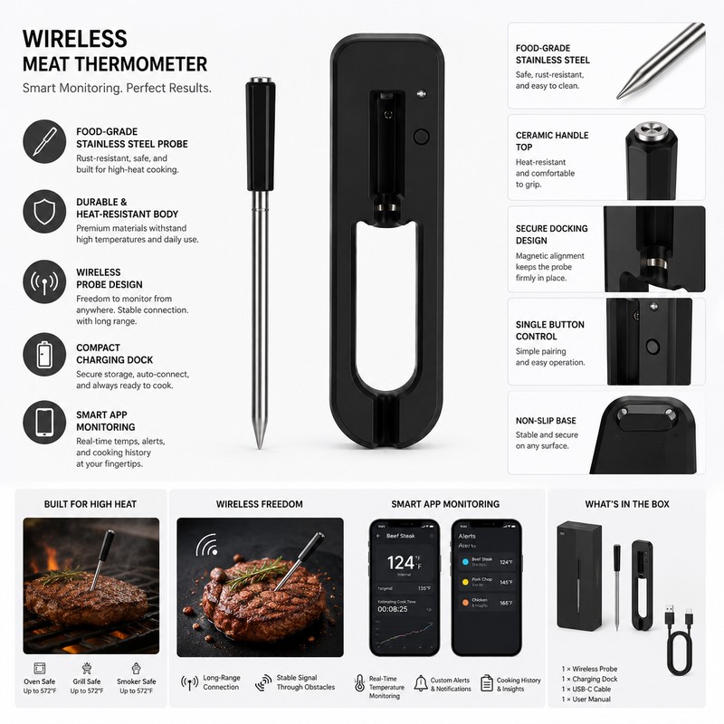 Digital Meat Thermometer for Cooking – Waterproof Instant Read Probe
