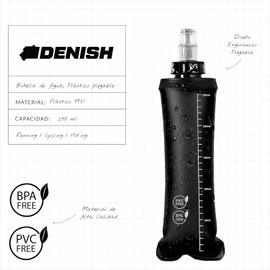 DENISH ETERNAL NUTRITION Botella de agua color negro de 250ml, soft flask, bolsa de agua de plástico plegable para correr ciclismo triatlón senderismo. Soft water bottle for running cycling triathlon hiking (Negro - 250ml)