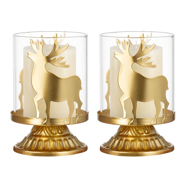 Sziqiqi Tealight Candle Holders Christmas Modern Decor, Hurricane Pillar Candle Holder Set of 2, Decorative Stag Candle Stands Centerpieces for Christmas Table Mantle Fireplace Decoration, Gold