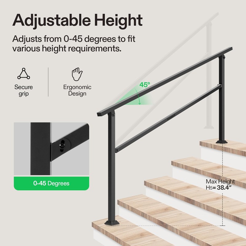 VIVOSUN Outdoor Handrail, 5 Step Stair Handrai, 69" x 36"