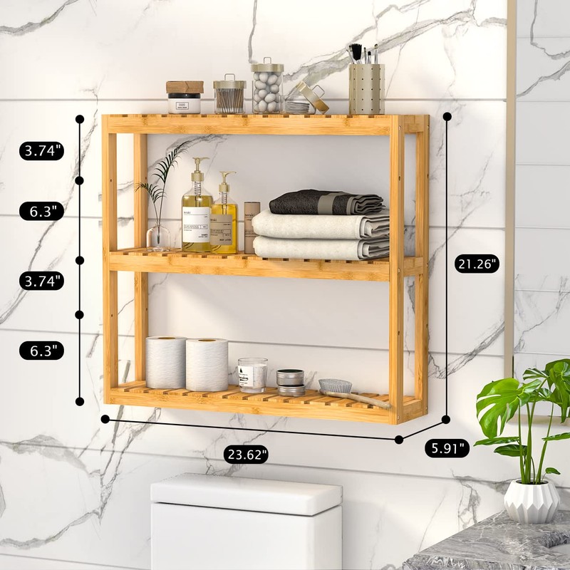 Domax Bamboo Bathroom Shelf 3-Tier Wall Mount Storage Rack Multifunctional