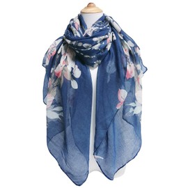 GERINLY Fashion Cotton Scarfs for Women Lightweight Flowers Print Long Hair Wrap Blue Floral Scarf Large Shawl(Denim)