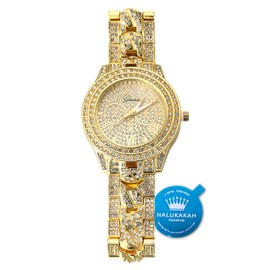 Halukakah Gold Watch Iced Out,Men's 18k Real Gold Plated Cuban Chain Inserted Band Quartz Wristband 9.5"(24cm),Full Cz Diamonds,Free Giftbox